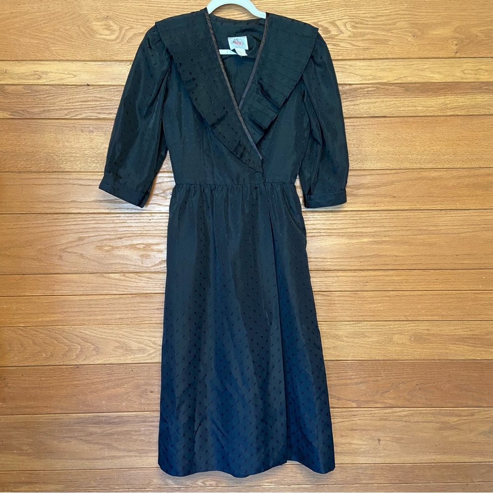 Vintage Lanz black embroidered ruffle collar wrap dress